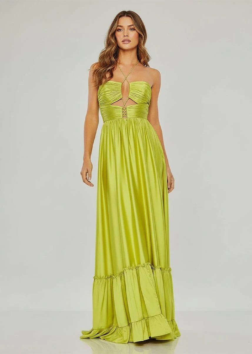 Chic A-Line Halter Sleeveless Cutout Ruffled Lime Maxi Prom Dresses Gown