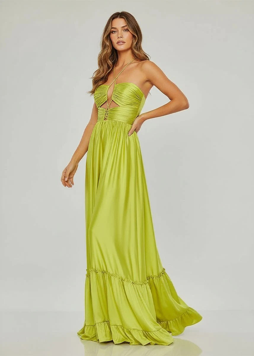 Chic A-Line Halter Sleeveless Cutout Ruffled Lime Maxi Prom Dresses Gown