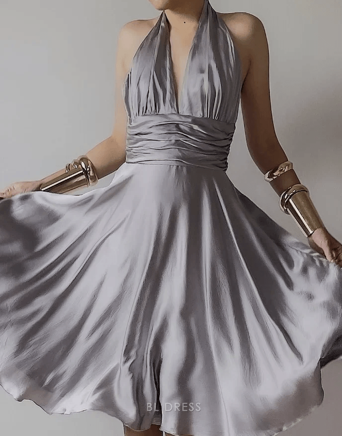 Chic A-Line Halter Sleeveless Draped Backless Silver Short Homecoming Dress