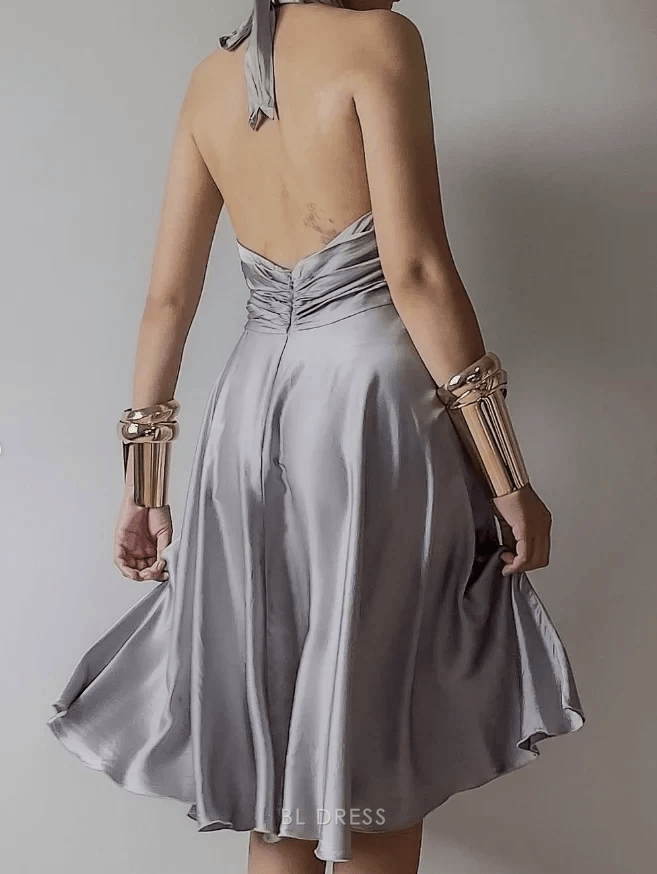 Chic A-Line Halter Sleeveless Draped Backless Silver Short Homecoming Dress