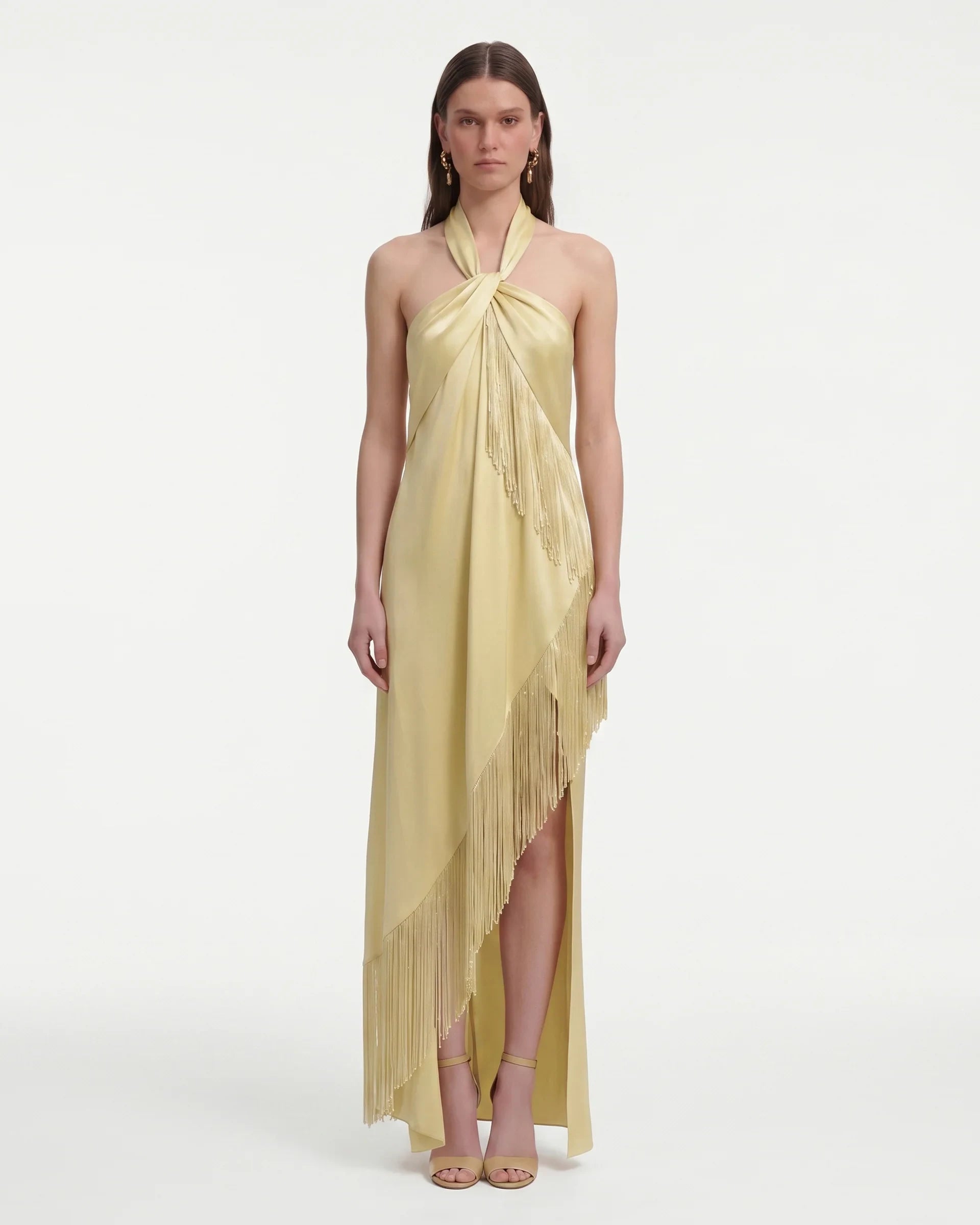 Chic A-Line Halter Sleeveless Fringe Asymmetrical Pale Yellow Floor-Length Prom Dress Women's