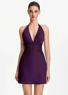 Chic A-Line Halter Sleeveless Lace Ruched Plum Short Homecoming Dress for Women