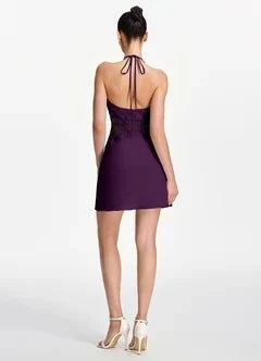 Chic A-Line Halter Sleeveless Lace Ruched Plum Short Homecoming Dress for Women