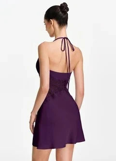 Chic A-Line Halter Sleeveless Lace Ruched Plum Short Homecoming Dress for Women