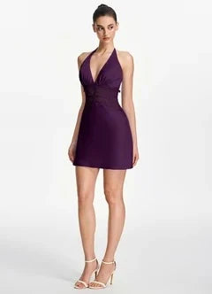 Chic A-Line Halter Sleeveless Lace Ruched Plum Short Homecoming Dress for Women