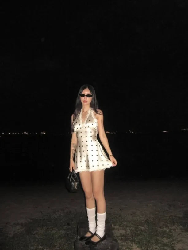 Chic A-Line Halter Sleeveless Polka Dot Cream Mini Homecoming Dress Women's