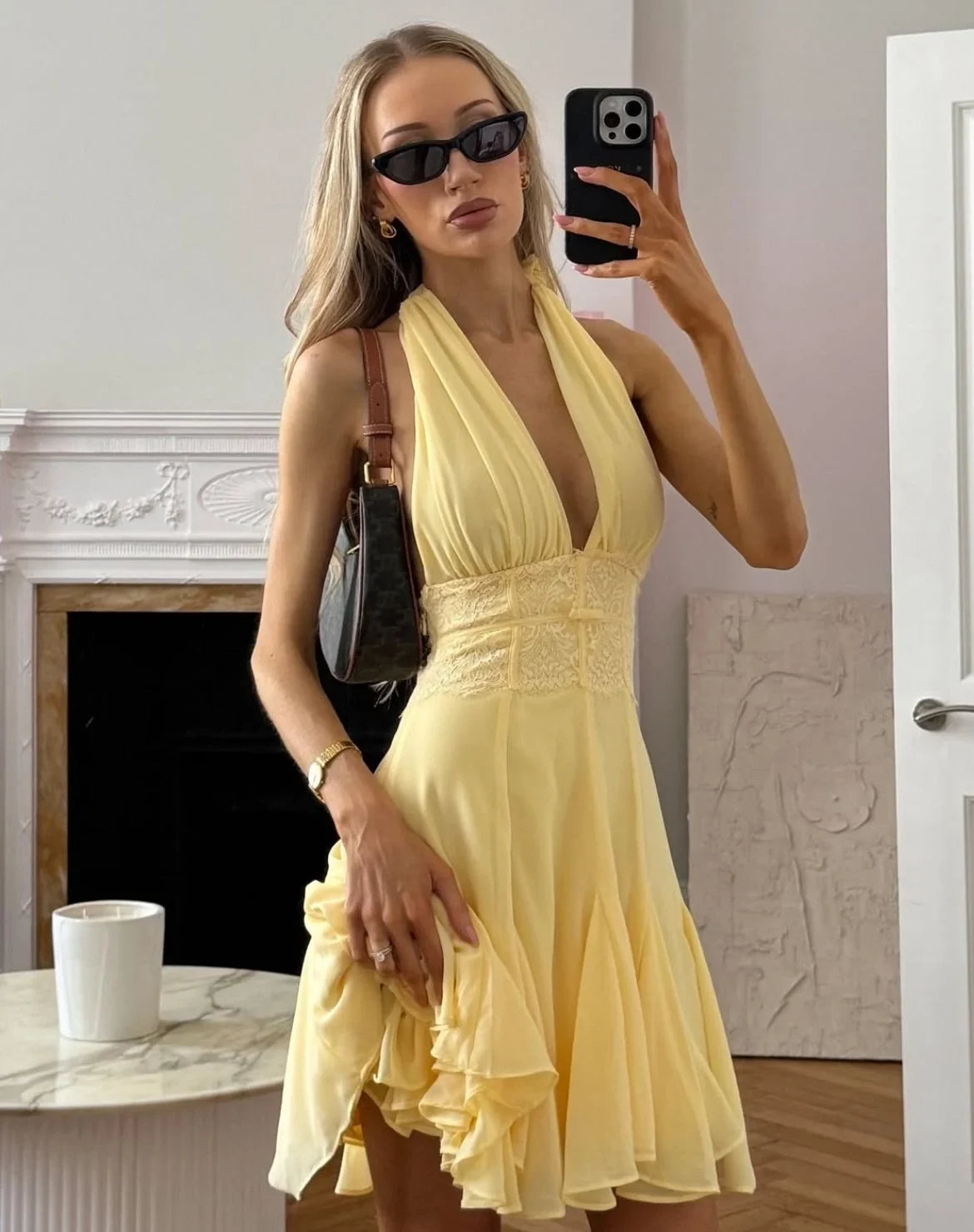 Chic A-Line Halter Sleeveless Ruffled Backless Pastel Yellow Mini Homecoming Dresses for Women