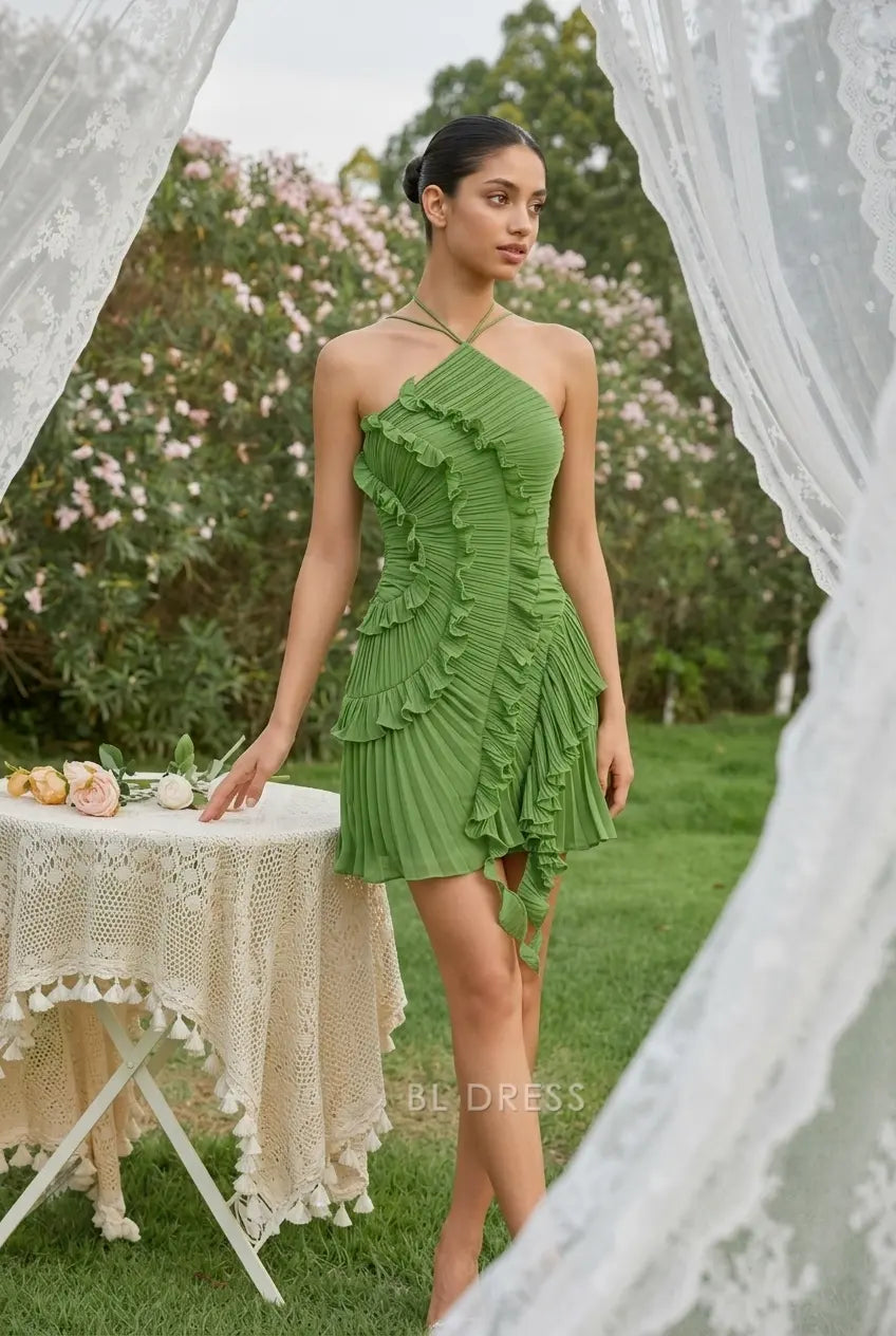Chic A-Line Halter Sleeveless Ruffled Pleated Green Short Homecoming Dress Women's