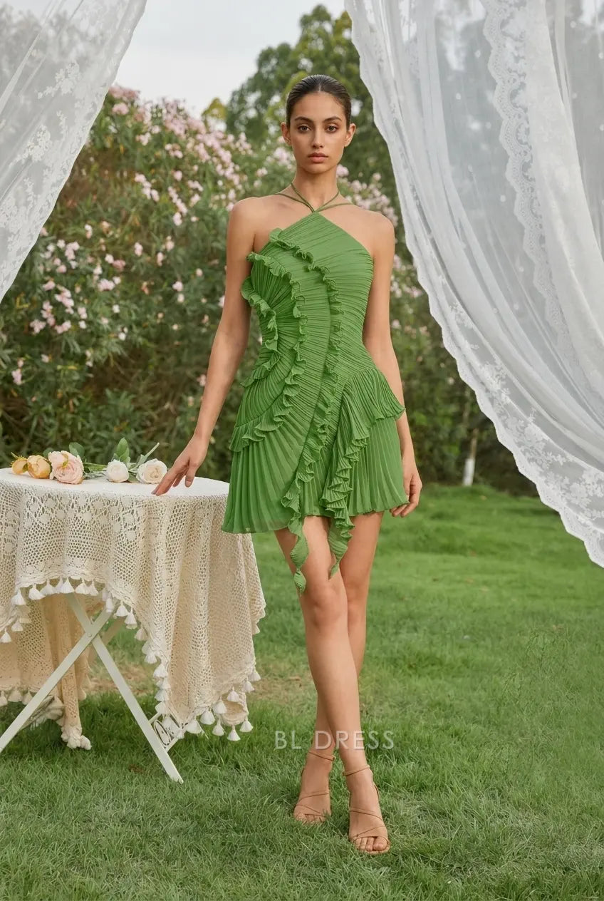 Chic A-Line Halter Sleeveless Ruffled Pleated Green Short Homecoming Dress Women's
