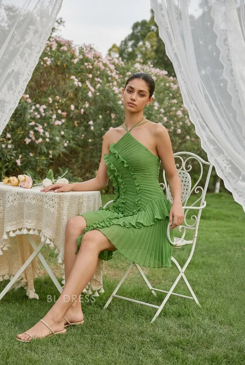 Chic A-Line Halter Sleeveless Ruffled Pleated Green Short Homecoming Dress Women's