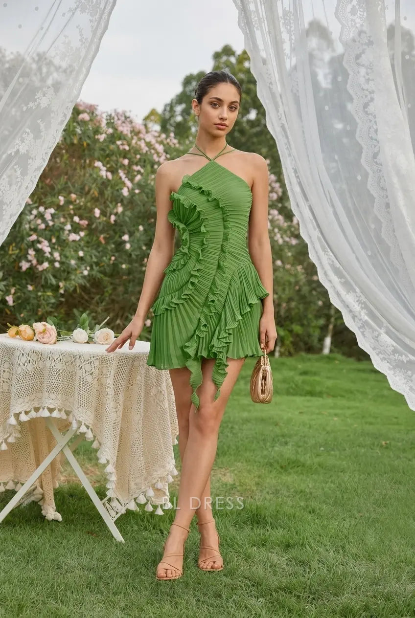 Chic A-Line Halter Sleeveless Ruffled Pleated Green Short Homecoming Dress Women's