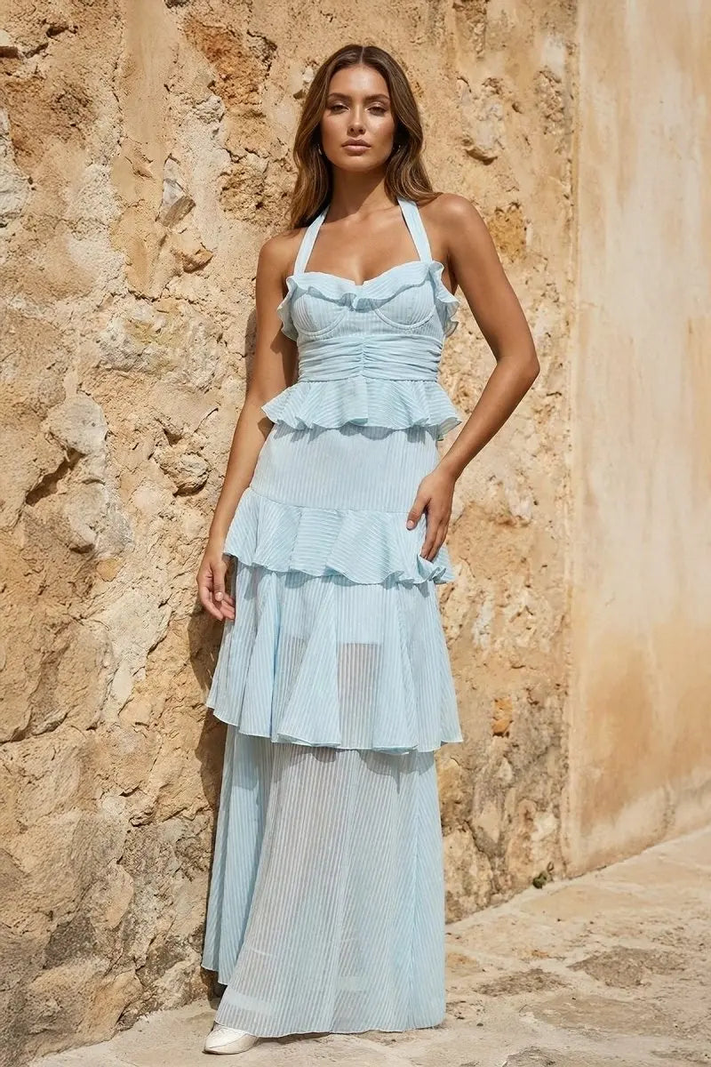 Chic A-Line Halter Sleeveless Tiered Ruffle Blue Maxi Prom Dresses Women