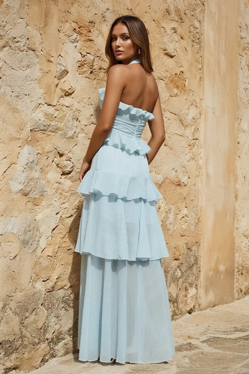 Chic A-Line Halter Sleeveless Tiered Ruffle Blue Maxi Prom Dresses Women