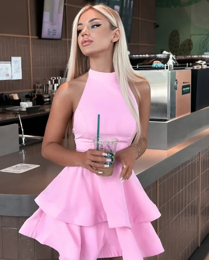 Chic A-Line Halter Sleeveless Tiered Ruffle Pink Short Homecoming Dress Women's