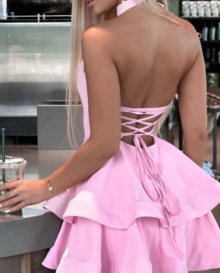 Chic A-Line Halter Sleeveless Tiered Ruffle Pink Short Homecoming Dress Women's