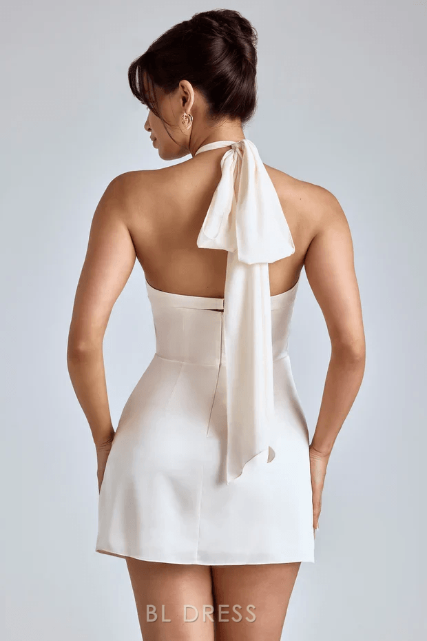 Chic A-Line Halter Sweetheart Sleeveless Ruched Ivory Mini Homecoming Dress