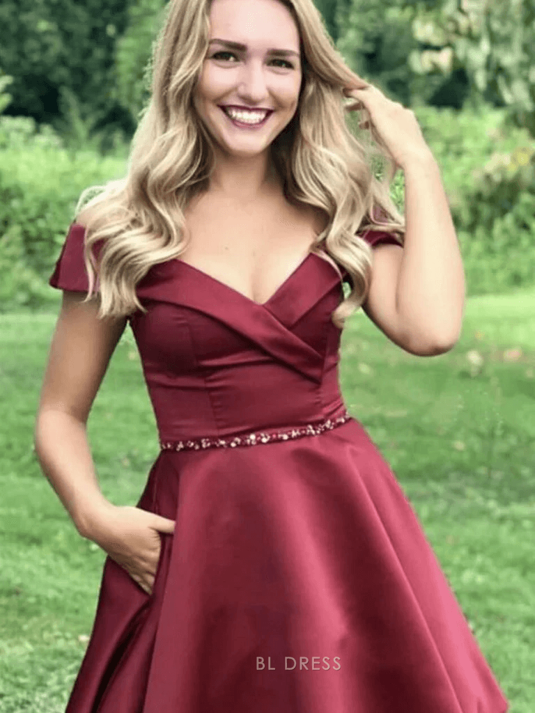 Chic A-Line Off-Shoulder Beaded Pocketed Burgundy Short Homecoming Women's Gown.