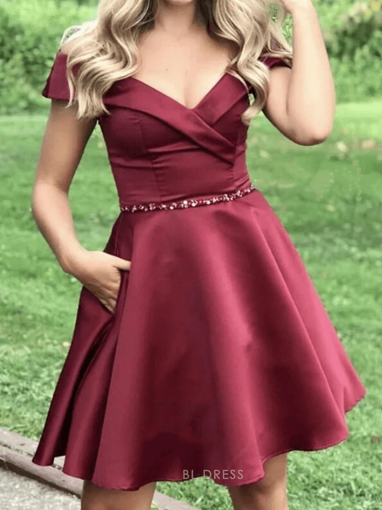 Chic A-Line Off-Shoulder Beaded Pocketed Burgundy Short Homecoming Women's Gown.