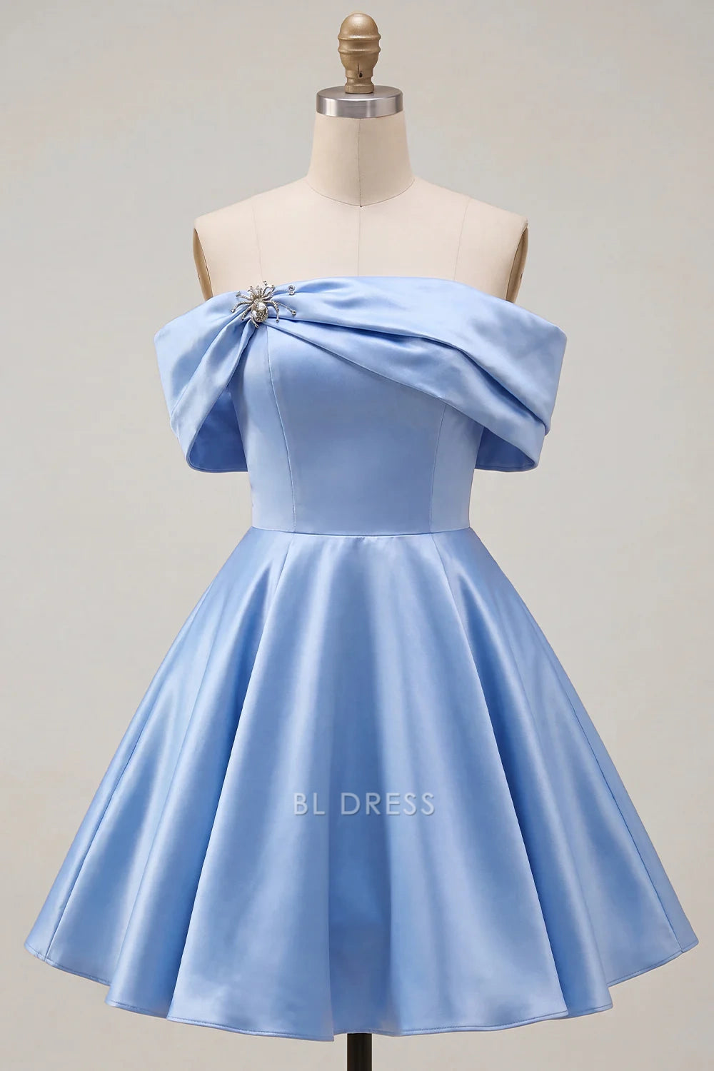 Chic A-Line Off-Shoulder Draped Embellished Baby Blue Short Homecoming Dress Women's
