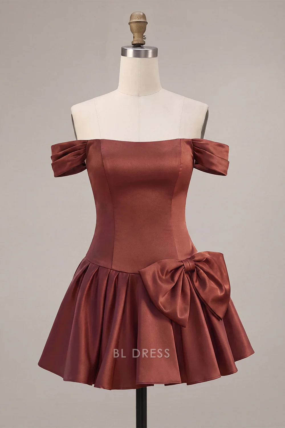 Chic A-Line Off-Shoulder Pleated Bow Desert Rose Short Homecoming Dress Women's