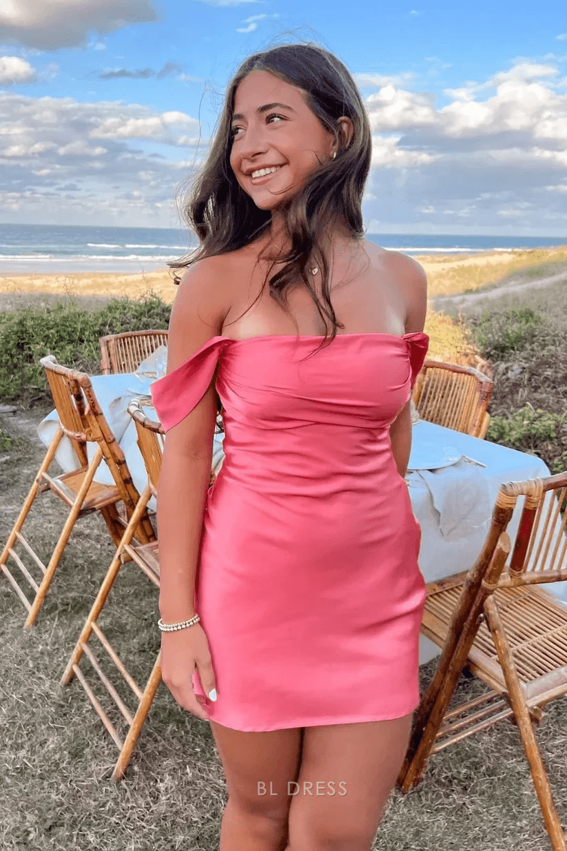 Chic A-Line Off-Shoulder Ruched Hot Pink Mini Homecoming Women's Dress