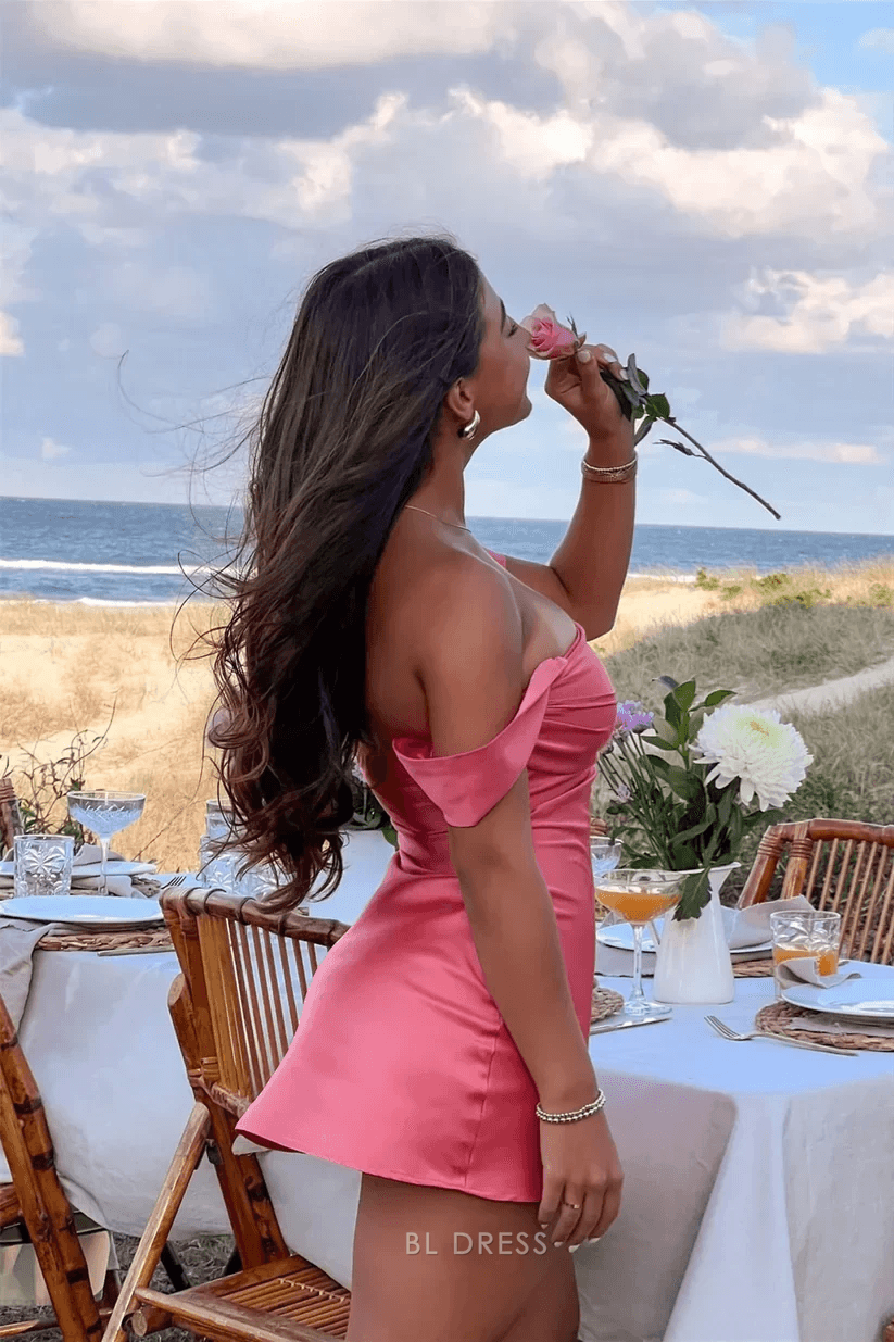 Chic A-Line Off-Shoulder Ruched Hot Pink Mini Homecoming Women's Dress
