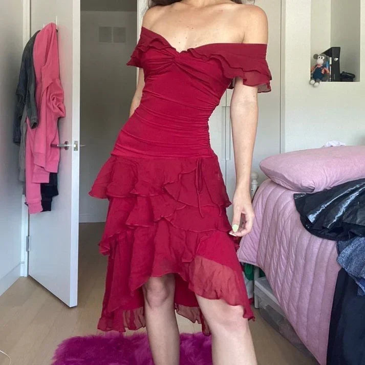 Chic A-Line Off-Shoulder Ruched Red High-Low Homecoming Dress