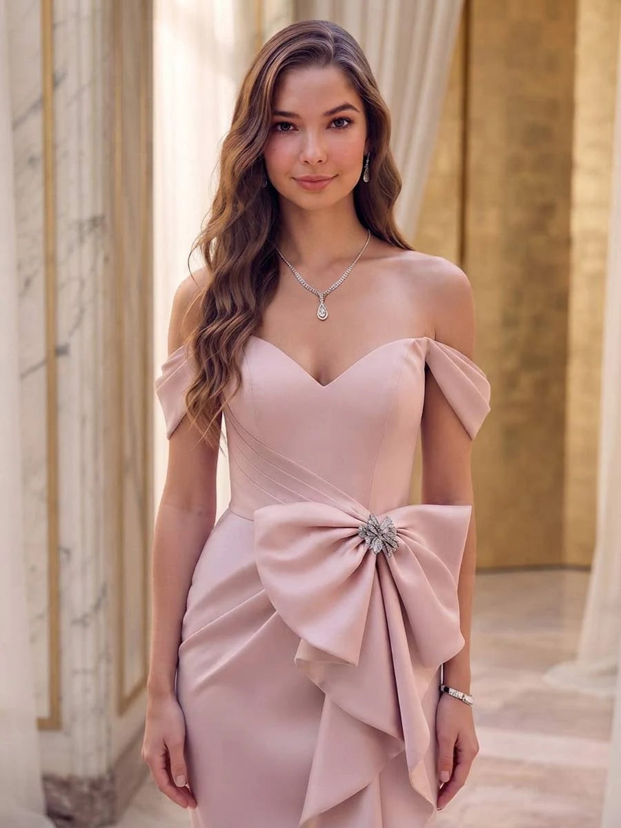 Chic A-Line Off-Shoulder Ruffled Bow Blush Pink Midi Homecoming Dress
