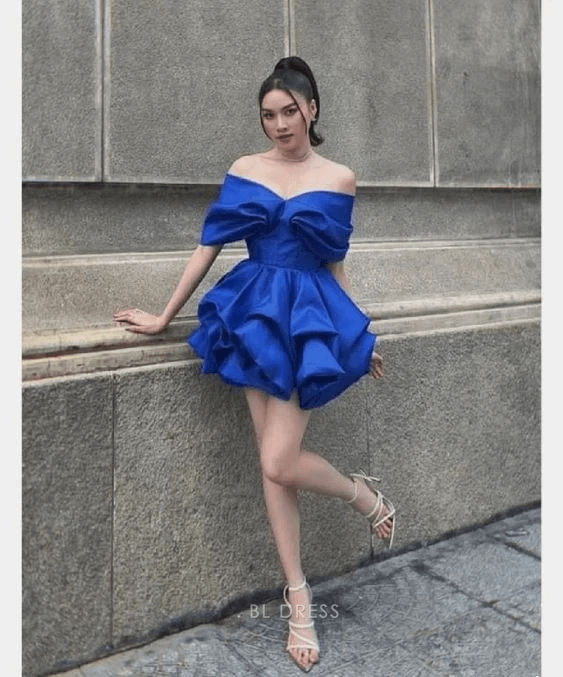 Chic A-Line Off-Shoulder Ruffled Puffy Royal Blue Mini Homecoming Dress