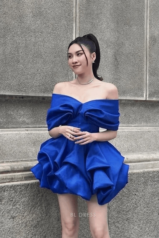 Chic A-Line Off-Shoulder Ruffled Puffy Royal Blue Mini Homecoming Dress