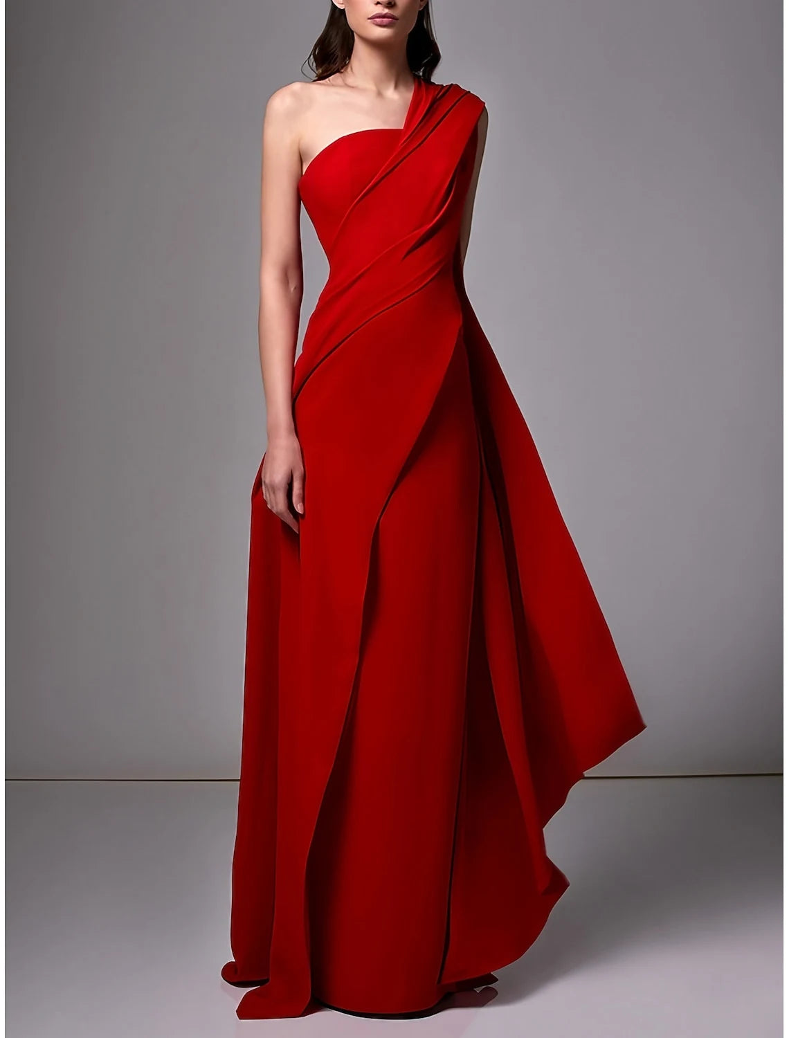 Chic A-Line One-Shoulder Draped Modern Red Floor-Length Evening Dress Gown