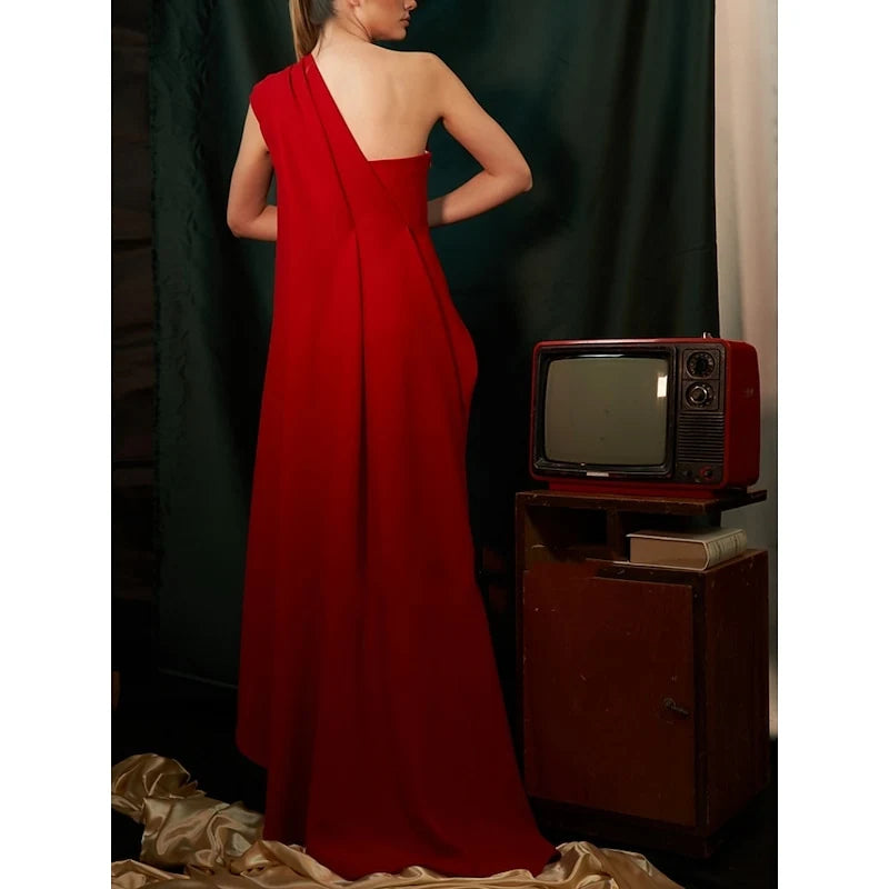 Chic A-Line One-Shoulder Draped Modern Red Floor-Length Evening Dress Gown
