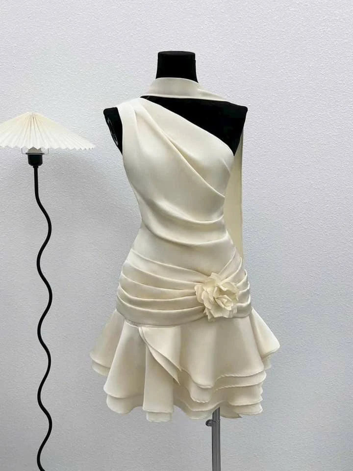 Chic A-Line One-Shoulder Draped Ruffled Cream Short Homecoming Dress