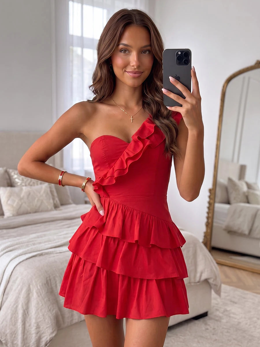 Chic A-Line One-Shoulder Ruffled Tiered Red Short Homecoming Dresses