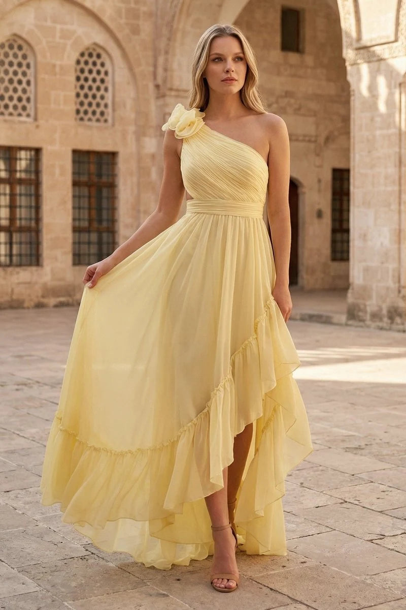 Chic A-Line One-Shoulder Sleeveless Ruffle Backless Yellow Long Prom Dresses Women