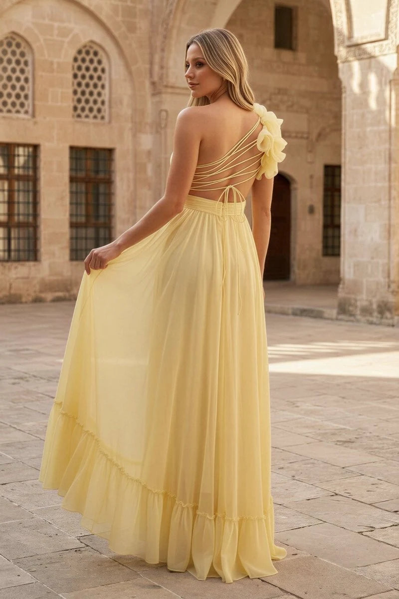 Chic A-Line One-Shoulder Sleeveless Ruffle Backless Yellow Long Prom Dresses Women
