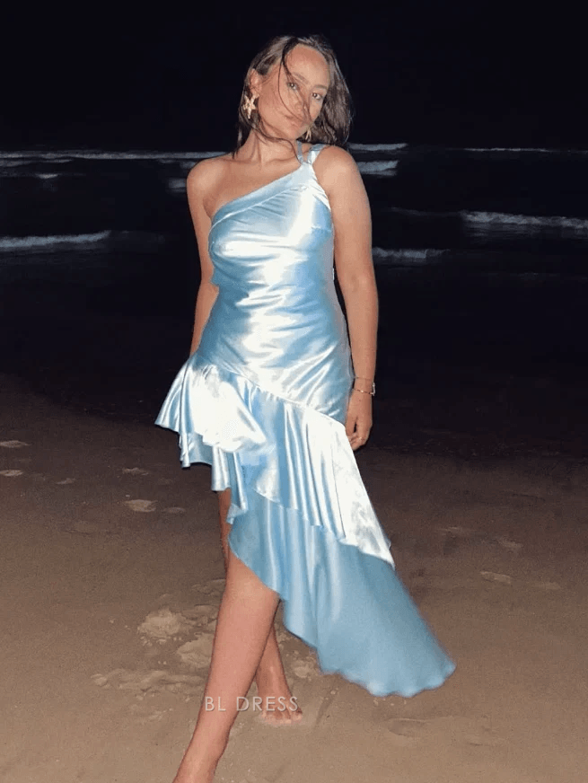 Chic A-Line One-Shoulder Sleeveless Ruffled High-Low Light Blue Homecoming Dress