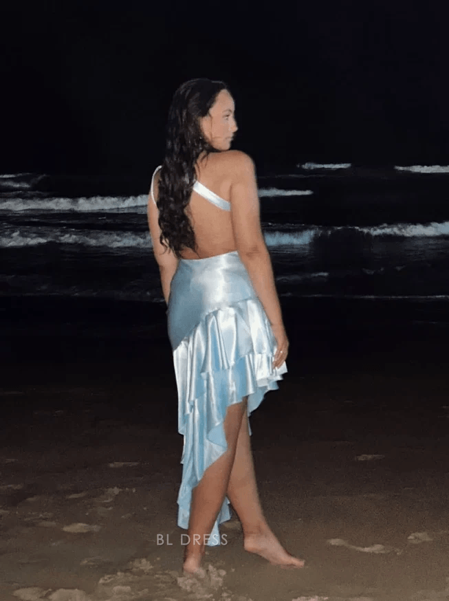 Chic A-Line One-Shoulder Sleeveless Ruffled High-Low Light Blue Homecoming Dress