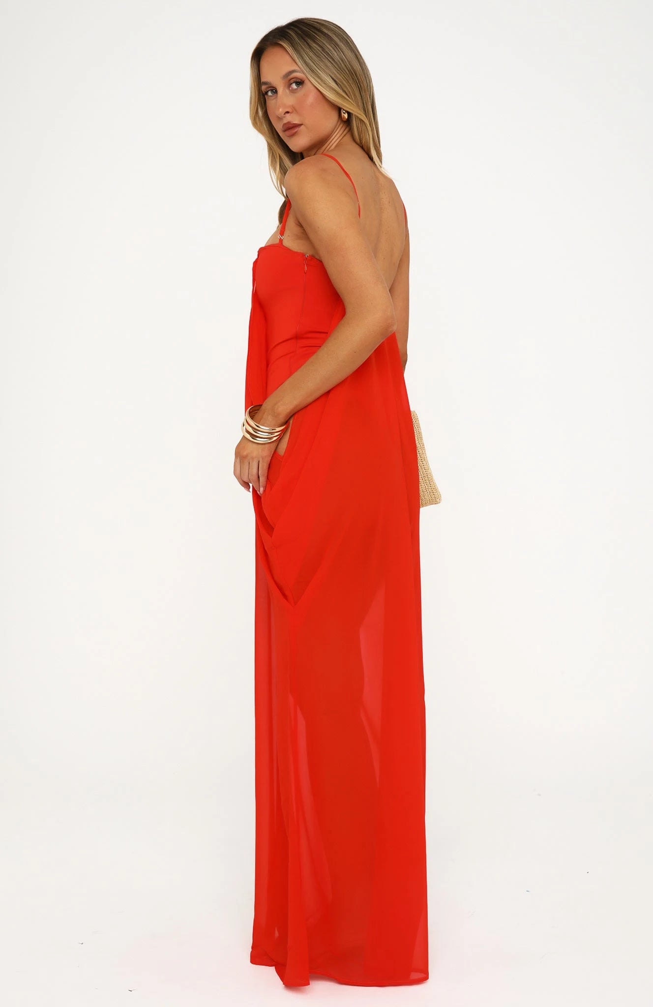 Chic A-Line Plunge Neck Sleeveless Draped Cutout Orange Maxi Prom Dress Women's Gown