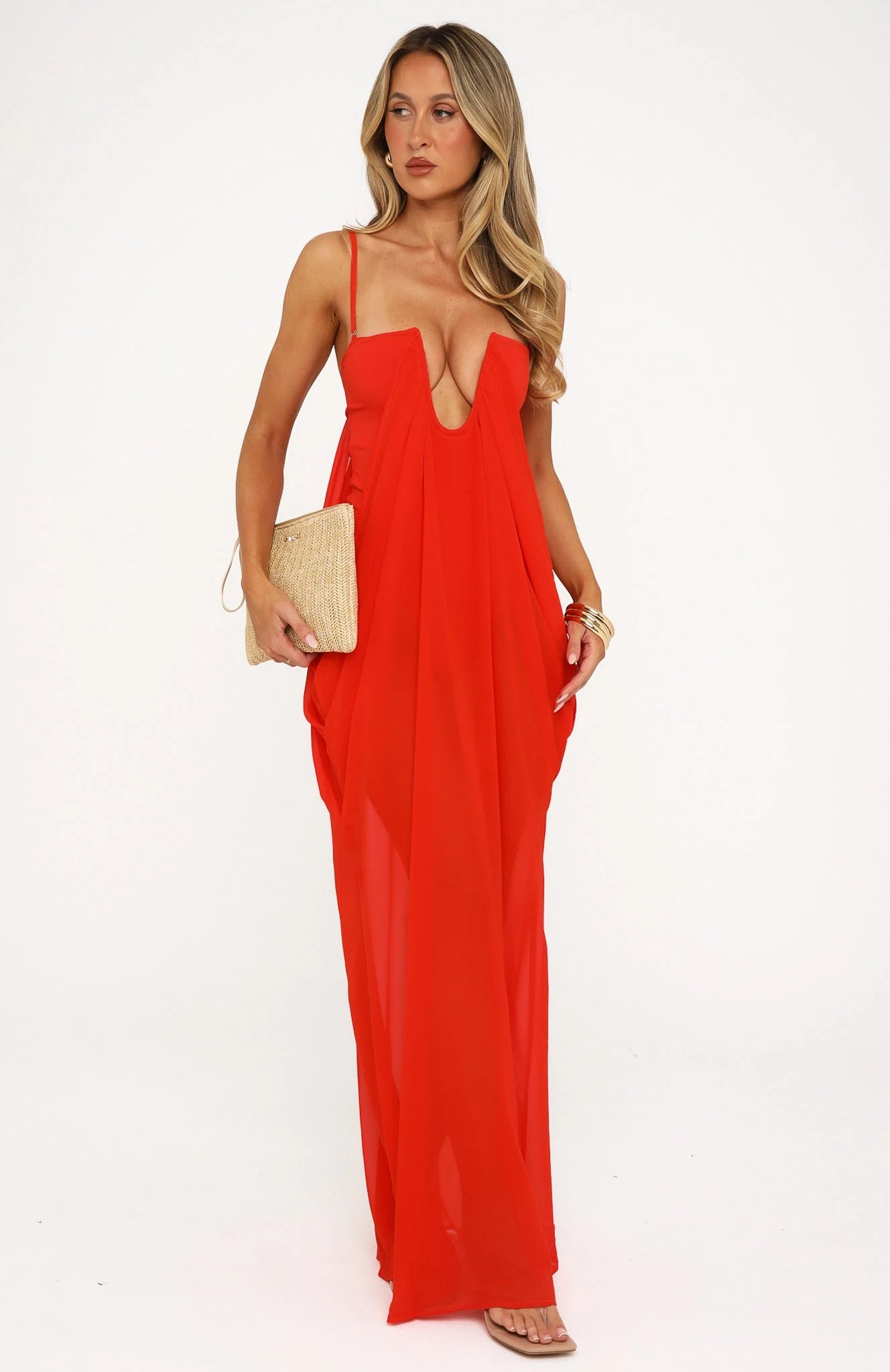 Chic A-Line Plunge Neck Sleeveless Draped Cutout Orange Maxi Prom Dress Women's Gown