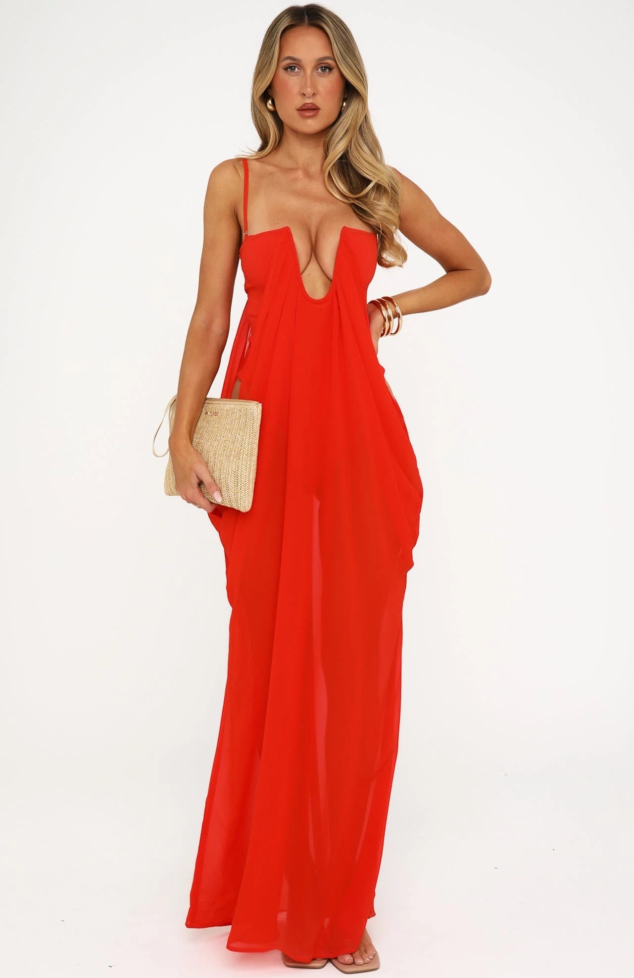 Chic A-Line Plunge Neck Sleeveless Draped Cutout Orange Maxi Prom Dress Women's Gown