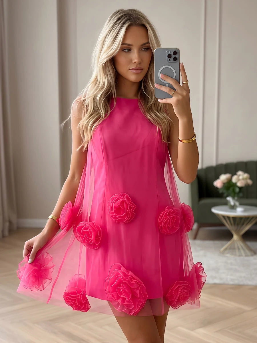 Chic A-Line Round Neck Sleeveless Floral Fuchsia Mini Homecoming Dress For Women