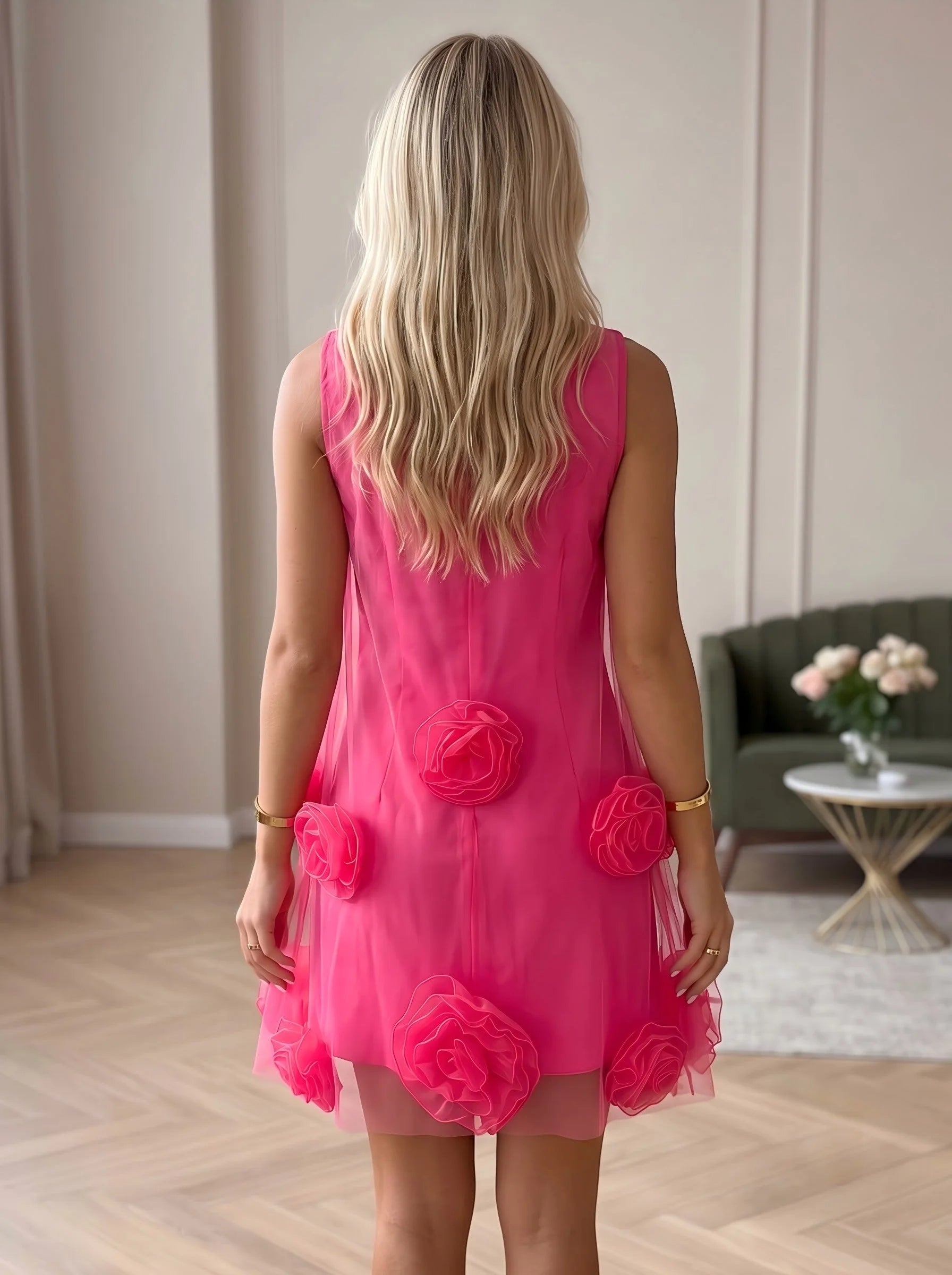Chic A-Line Round Neck Sleeveless Floral Fuchsia Mini Homecoming Dress For Women