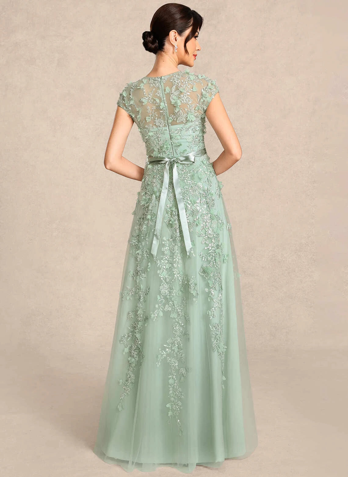 Chic A-Line Scoop-Neck Short-Sleeve Floral Agave Mother of the Bride Dress