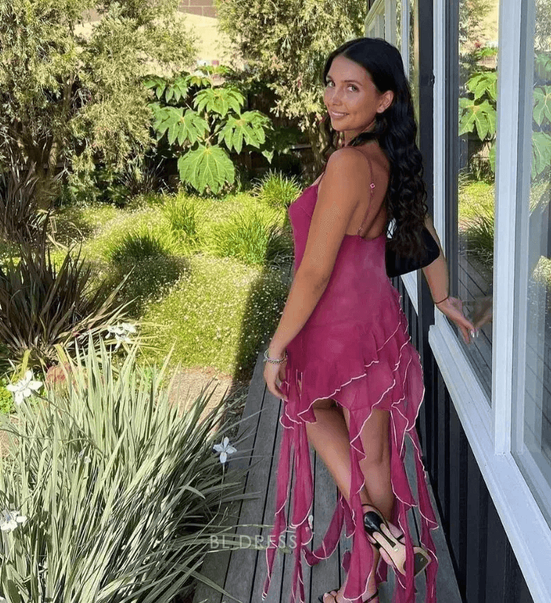Chic A-Line Scoop Neck Sleeveless Ruffled Asymmetrical Berry Pink Mini Homecoming Dress