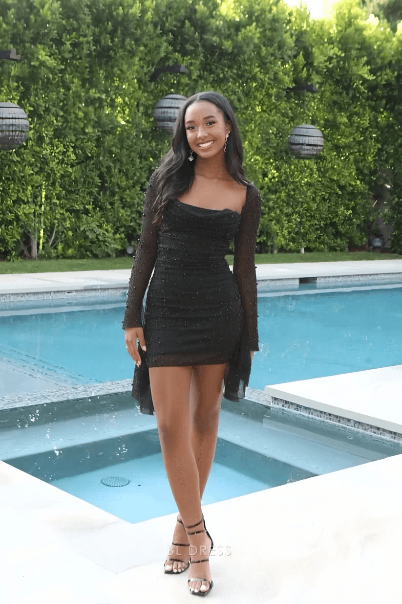 Chic A-Line Square Neck Long Sleeve Beaded Ruched Black Short Homecoming Dress