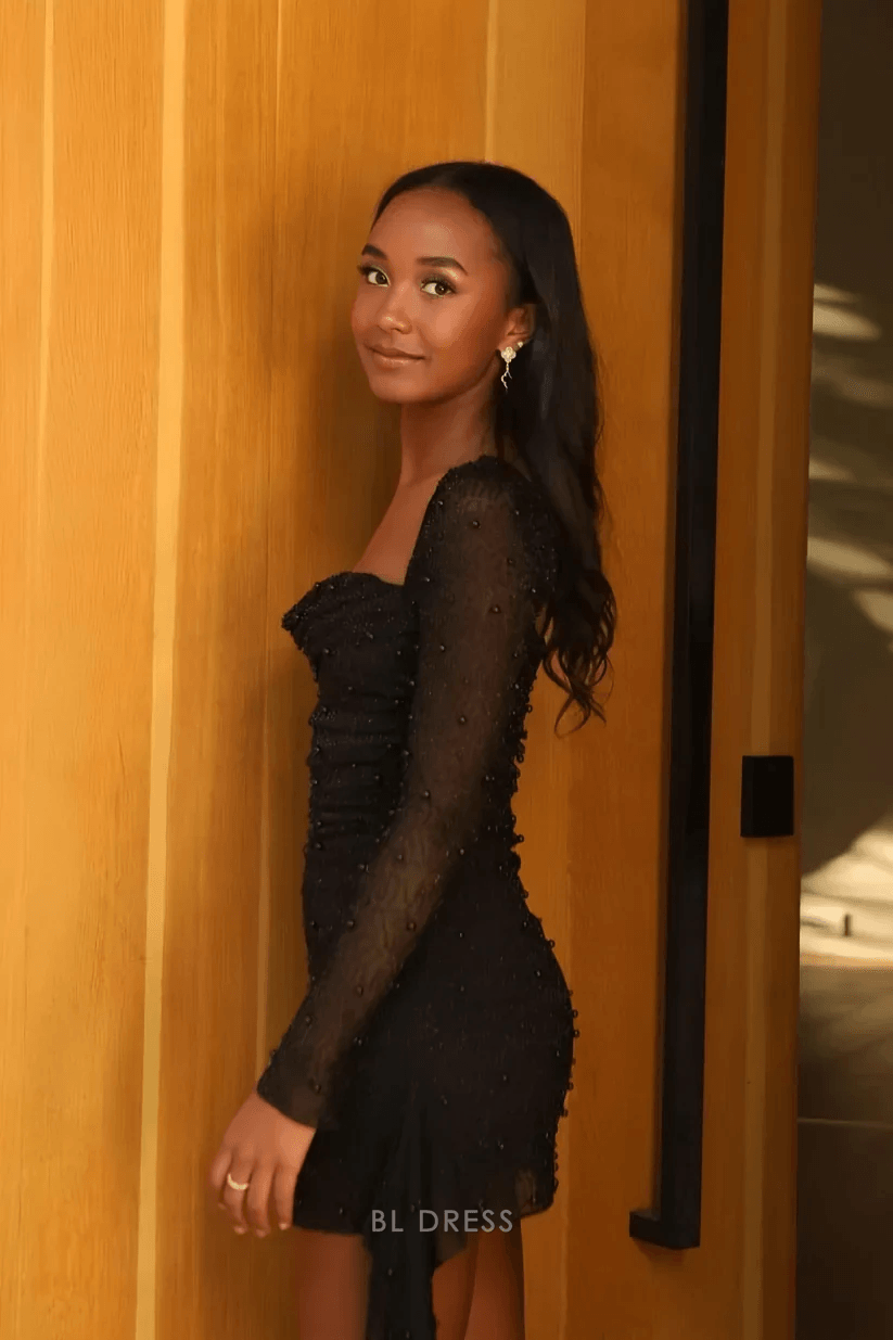 Chic A-Line Square Neck Long Sleeve Beaded Ruched Black Short Homecoming Dress