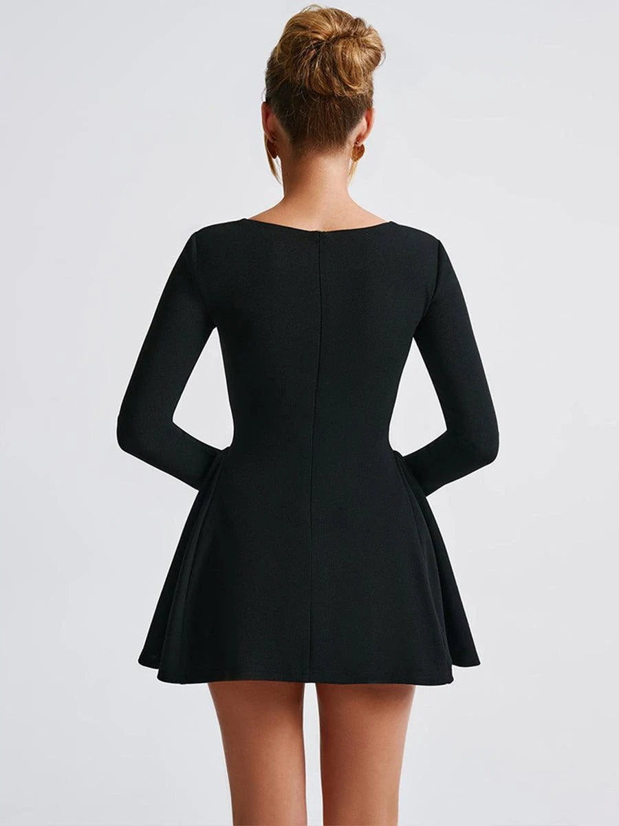 Chic A-Line Square Neck Long Sleeve Ruched Black Mini Homecoming Dress