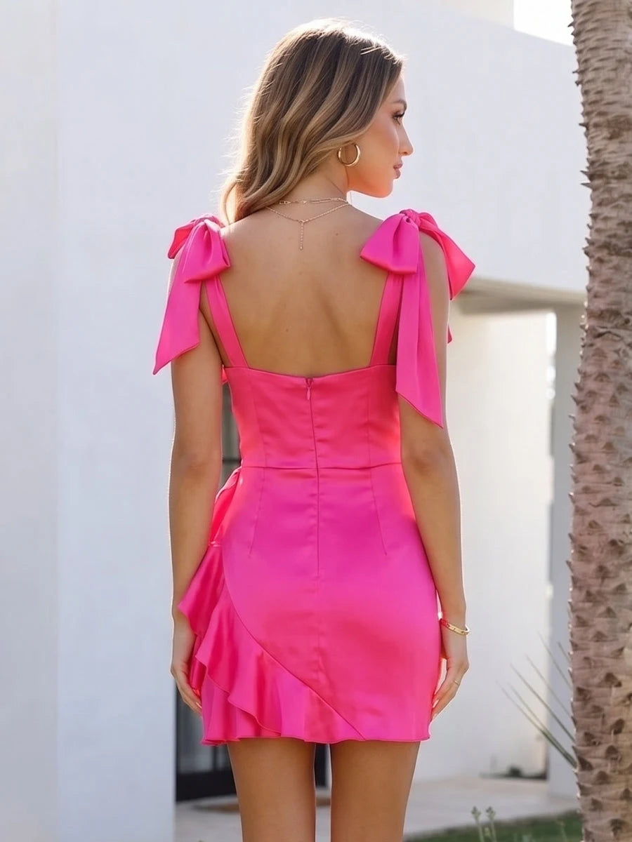 Chic A-Line Square Neck Ruffled Tie-Shoulder Hot Pink Mini Homecoming Dress