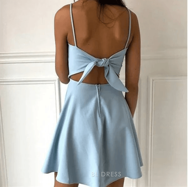 Chic A-Line Square Neck Sleeveless Bow Back Light Blue Short Homecoming Dress
